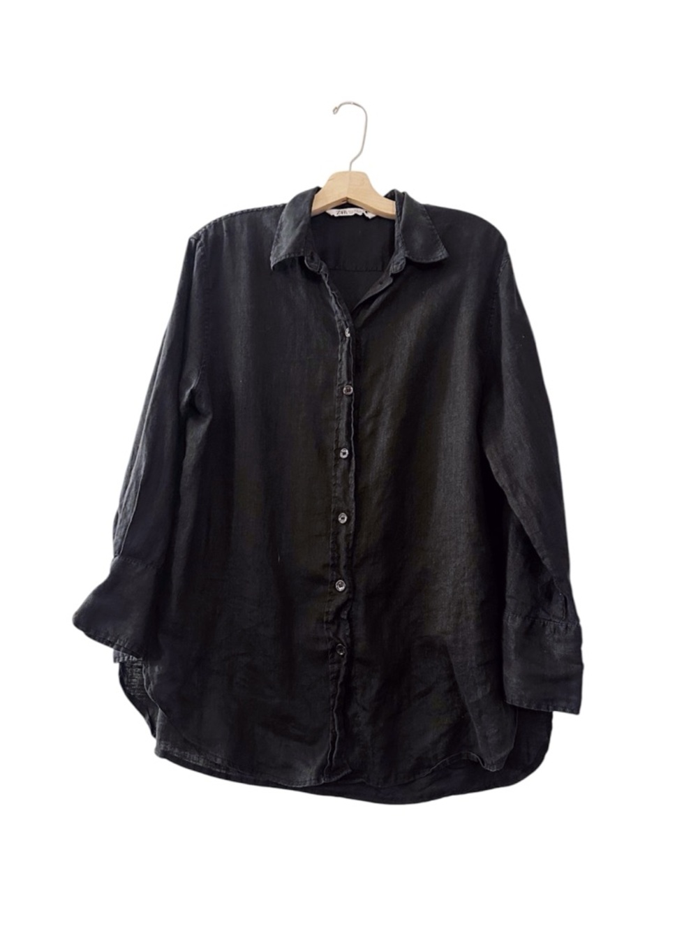 Zara Long Sleeve Linen Blouse Top Black Business Casual